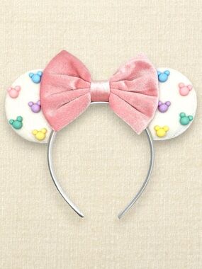 Velvet Pastel Mickey Bead Minnie Ears – Pink Bow | Disney-Inspired Mouse Ears